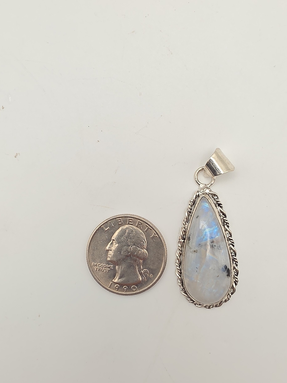 Silver Plated Rainbow Moonstone Teardrop Pendant - Blue Iridescent